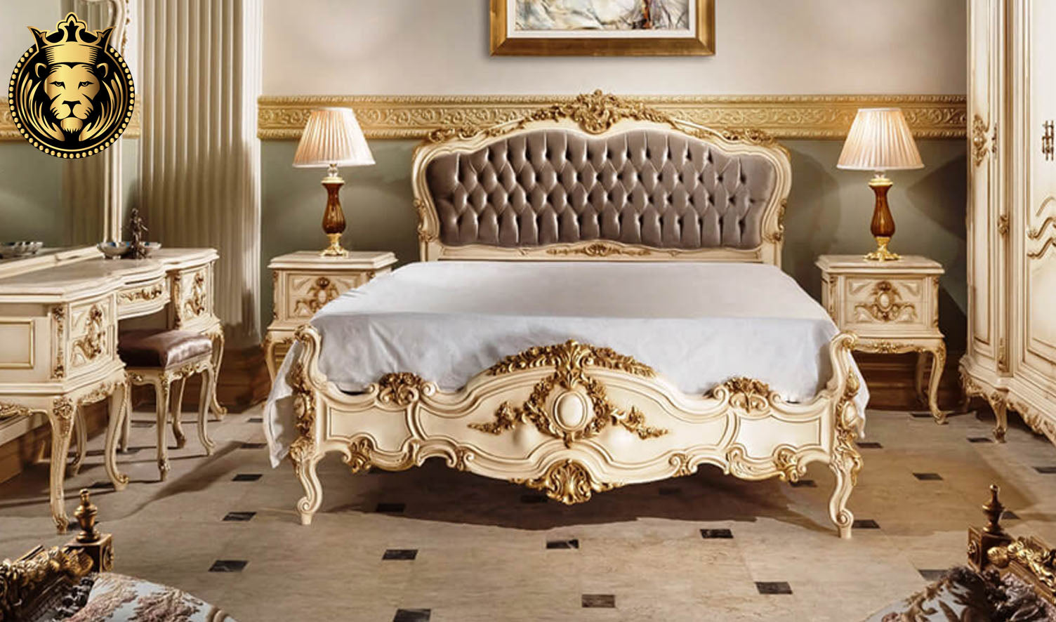 Beautiful French Style Antique Gold and White Finish Bedroom Set