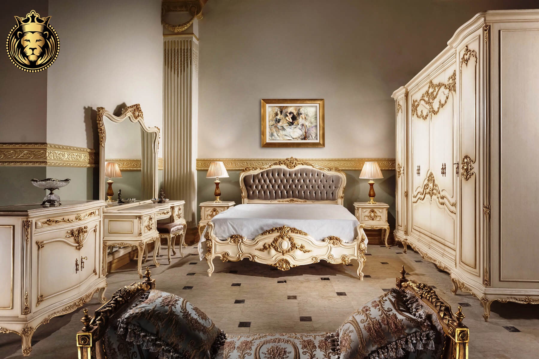 Beautiful French Style Antique Gold and White Finish Bedroom Set