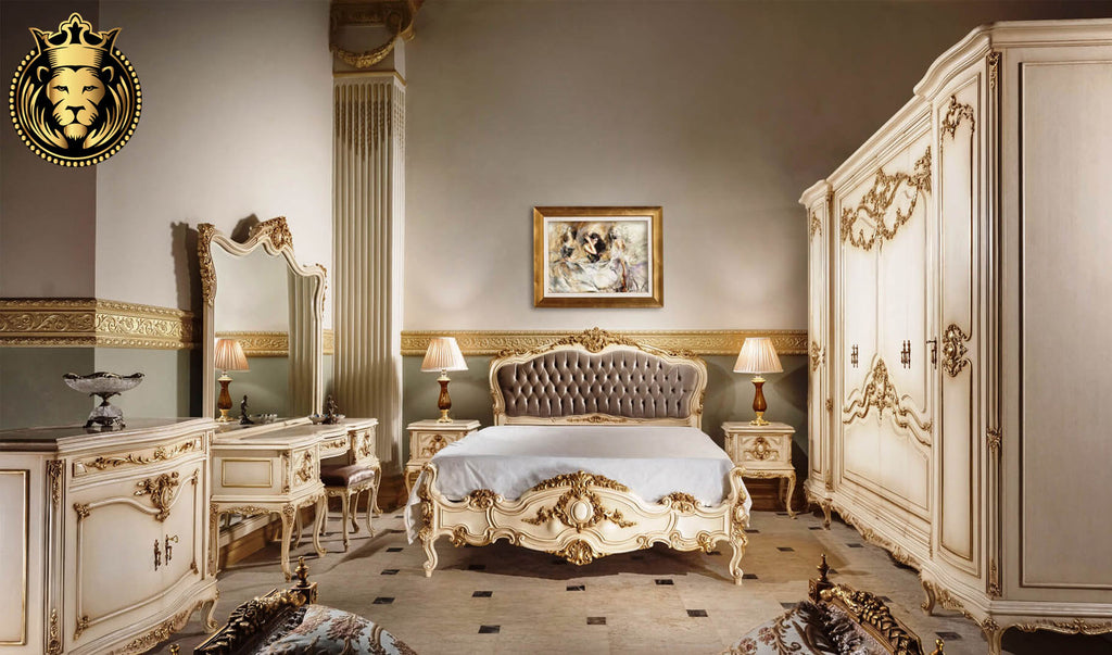 Beautiful French Style Antique Gold and White Finish Bedroom Set