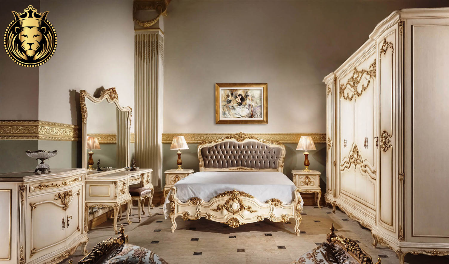 Beautiful French Style Antique Gold and White Finish Bedroom Set