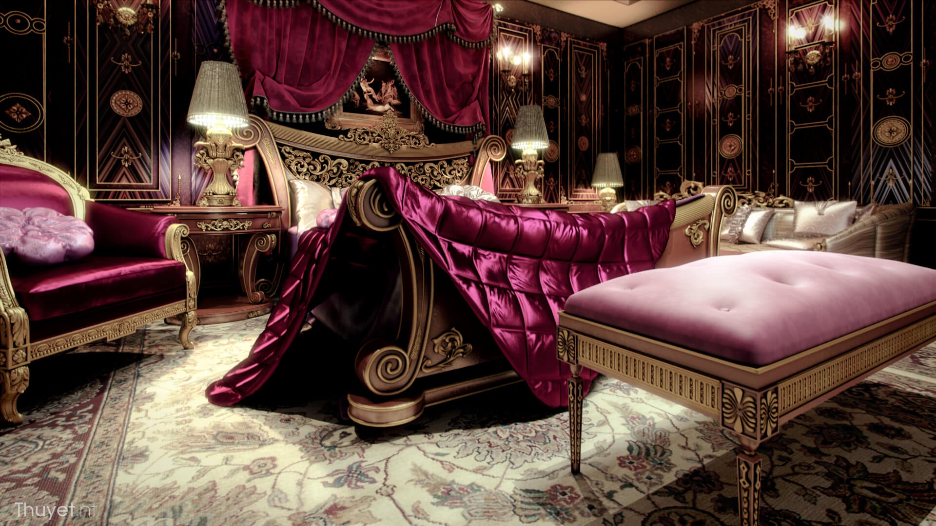 Luxury Handcarved Price Louise IV Golden PU King Size Bed With 2 Sidetable
