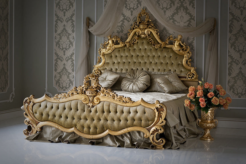 Luxury Handcarved Golden PU King Size Bed With 2 Sidetable