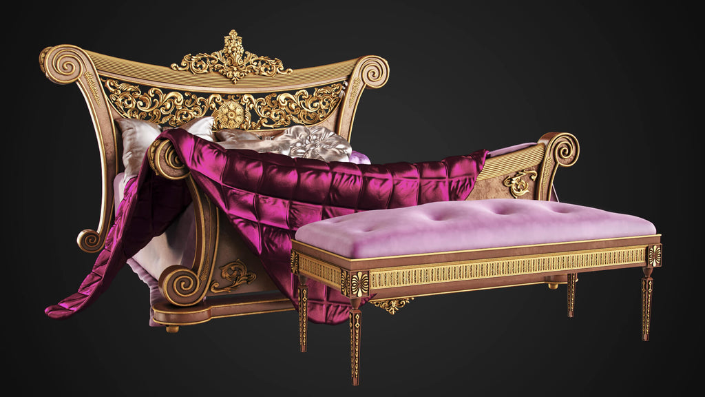 Luxury Handcarved Price Louise IV Golden PU King Size Bed With 2 Sidetable