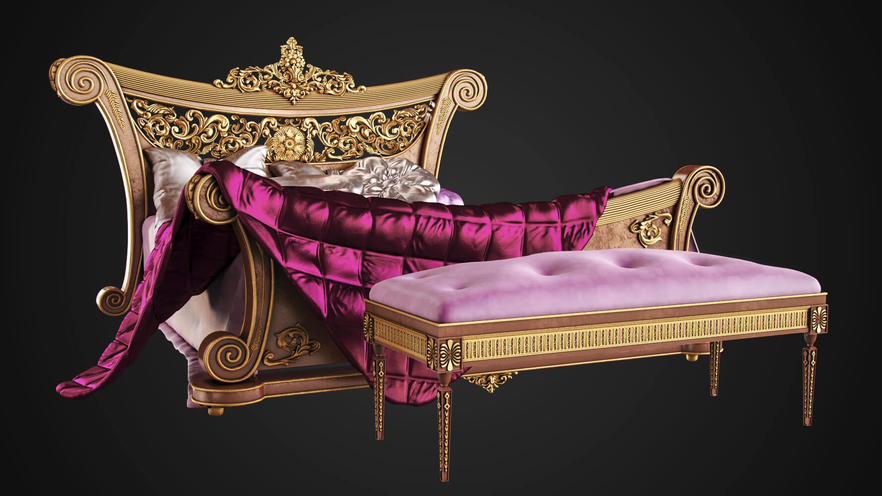 Luxury Handcarved Price Louise IV Golden PU King Size Bed With 2 Sidetable